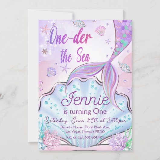 Mermaid 1st Birthday ONEder Zee Party Kaart (Voorkant)