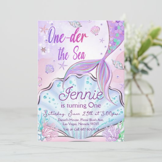 Mermaid 1st Birthday ONEder Zee Party Kaart (Staand voorkant)