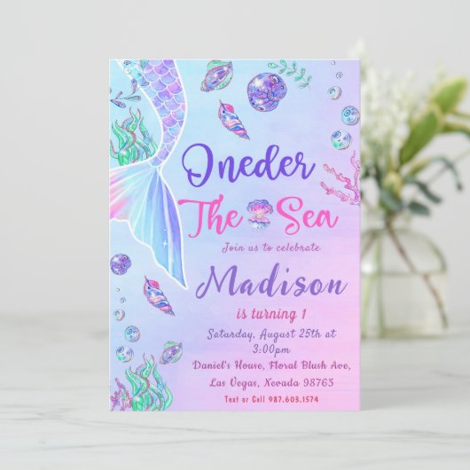 Mermaid 1st Birthday ONEder Zee Party Kaart (Staand voorkant)