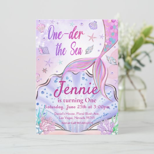 Mermaid 1st Birthday ONEder Zee Party Kaart (Staand voorkant)