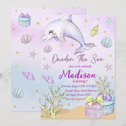 Mermaid 1st Birthday ONEder Zee Party Kaart (Voorkant / Achterkant)