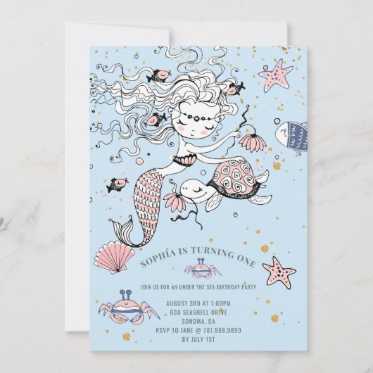 Mermaid 1st Birthday Party Blue Invitation Kaart (Voorkant)