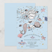 Mermaid 1st Birthday Party Blue Invitation Kaart (Voorkant / Achterkant)