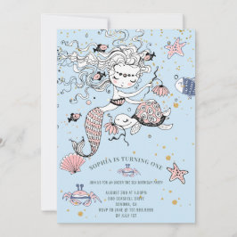 Mermaid 1st Birthday Party Blue Invitation Kaart
