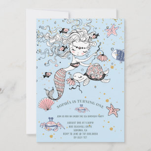 Mermaid 1st Birthday Party Blue Invitation Kaart
