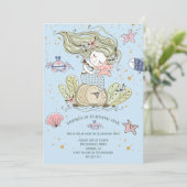 Mermaid 1st Birthday Party Blue Invitation Kaart (Staand voorkant)