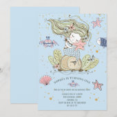 Mermaid 1st Birthday Party Blue Invitation Kaart (Voorkant / Achterkant)