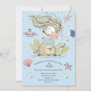 Mermaid 1st Birthday Party Blue Invitation Kaart