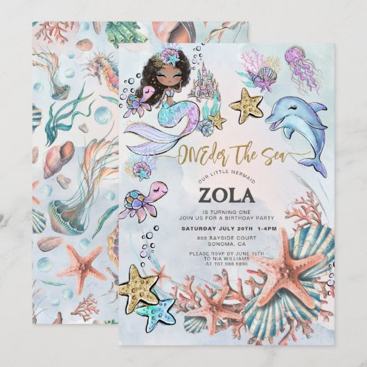 Mermaid 1st Birthday Party ONEder Zee Kaart (Voorkant / Achterkant)