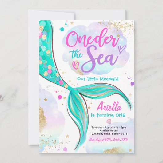 Mermaid 1st Birthday Party ONEder Zee Mermaid Kaart (Voorkant)