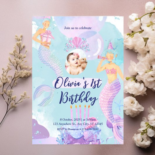 Mermaid 1st Birthday Party ONEder Zee Mermaid Kaart