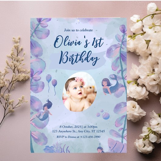 Mermaid 1st Birthday Party ONEder Zee Mermaid Kaart