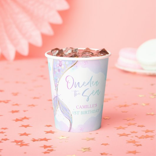 Mermaid 1st Birthday Party ONEder Zee Mermaid Papieren Bekers (Insitu)