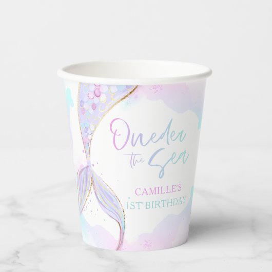 Mermaid 1st Birthday Party ONEder Zee Mermaid Papieren Bekers (Voorkant)
