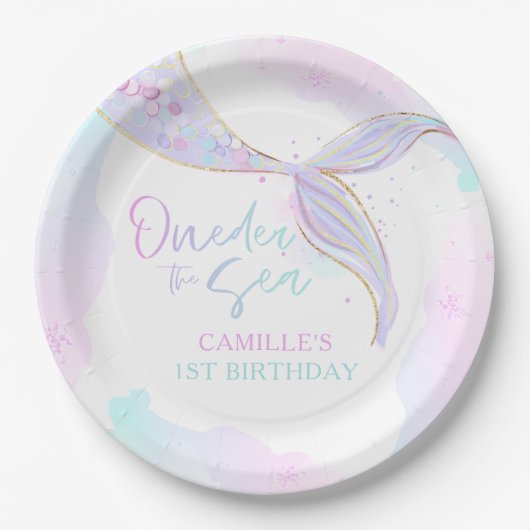 Mermaid 1st Birthday Party ONEder Zee Mermaid Papieren Bordje (Voorkant)