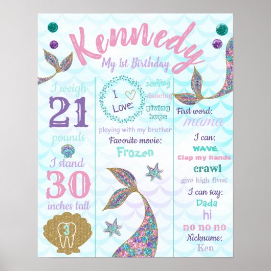 Mermaid 1st jarig Poster, Mijlsteen Sign Poster (Voorkant)
