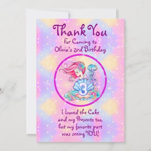 Mermaid 3rd Birthday-wijziging Geef tekst aan Pers Bedankkaart (Voorkant)