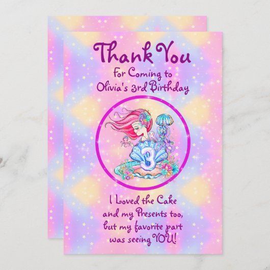 Mermaid 3rd Birthday-wijziging Geef tekst aan Pers Bedankkaart (Voorkant / Achterkant)