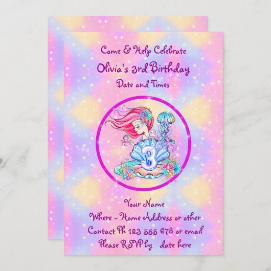 Mermaid 3rd Birthday-wijziging Geef tekst aan Pers Kaart (Voorkant / Achterkant)