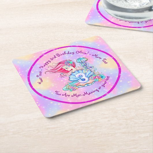 Mermaid 3rd Birthday-wijziging Geef tekst aan Pers Kartonnen Onderzetters (Schuin)