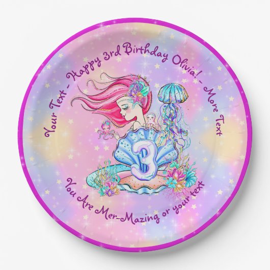 Mermaid 3rd Birthday-wijziging Geef tekst aan Pers Papieren Bordje (Voorkant)