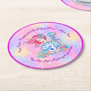 Mermaid 3rd Birthday-wijziging Geef tekst aan Pers Ronde Kartonnen Onderzetter