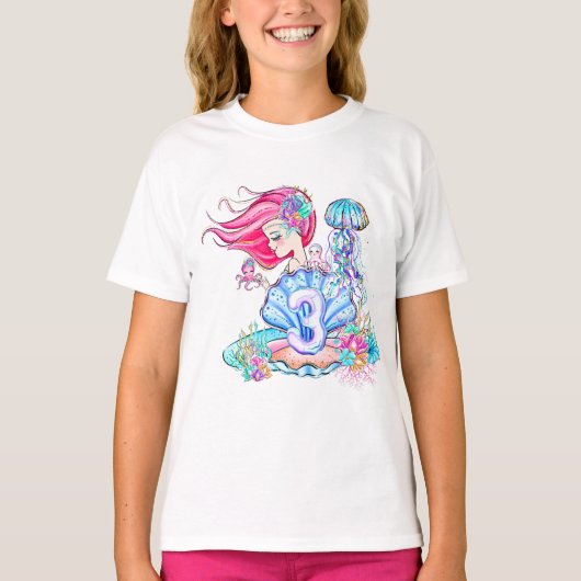 Mermaid 3rd Birthday-wijziging Geef tekst aan Pers T-shirt (Voorkant)