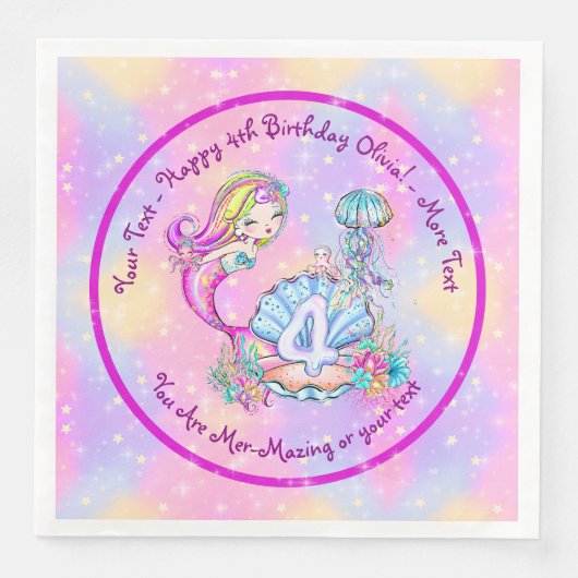 Mermaid 4th Birthday Change geeft Tekst aan Person Servet (Voorkant)