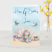 Mermaid 4th Birthday Folded Greeting Card Kaart (Gele Bloem)