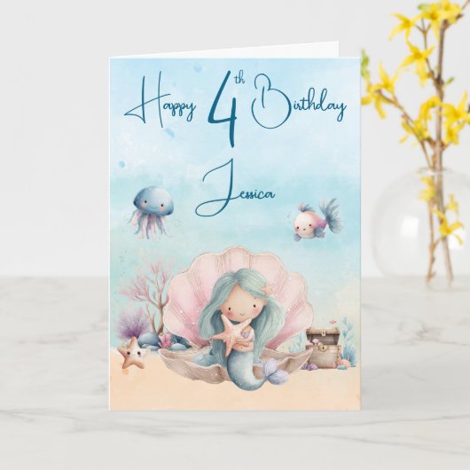 Mermaid 4th Birthday Folded Greeting Card Kaart (Gele Bloem)
