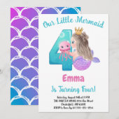 Mermaid 4th Birthday Party Invitation Kaart (Voorkant / Achterkant)