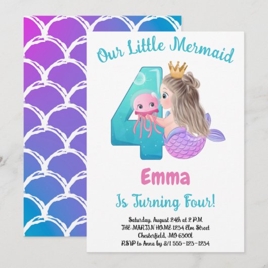 Mermaid 4th Birthday Party Invitation Kaart (Voorkant / Achterkant)