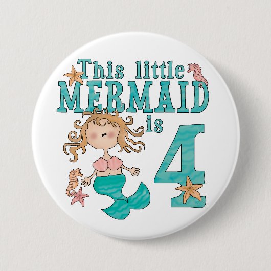 Mermaid 4th Birthday Ronde Button 7,6 Cm (Voorkant)
