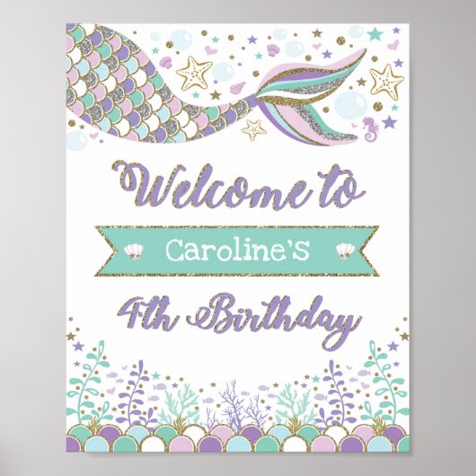 Mermaid 4th Birthday Welcome Sign under Zee Poster (Voorkant)