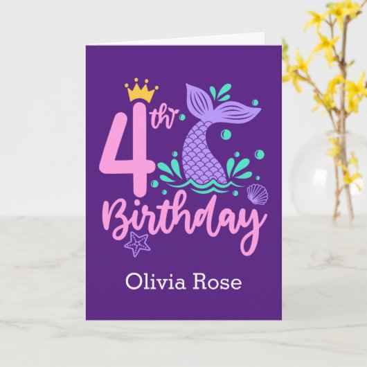 Mermaid 4th Personalized Birthday Kaart (Gele Bloem)