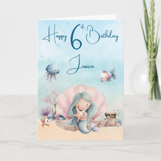 Mermaid 6th Birthday Folded Greeting Card Kaart (Voorkant)
