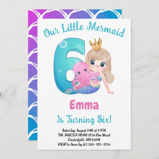 Mermaid 6th Birthday Party Invitation Kaart (Voorkant / Achterkant)