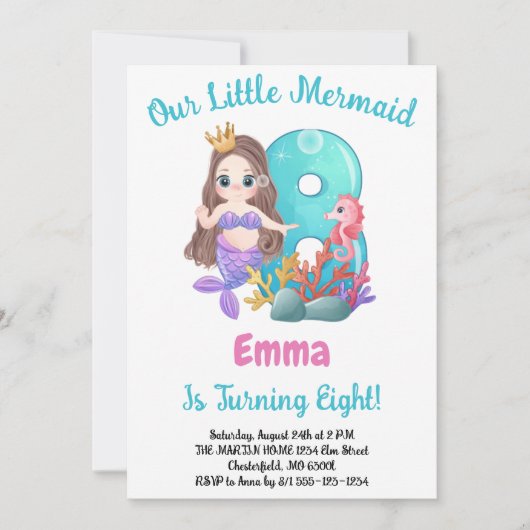 Mermaid 8th Birthday Party Invitation Kaart (Voorkant)