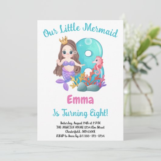 Mermaid 8th Birthday Party Invitation Kaart (Staand voorkant)