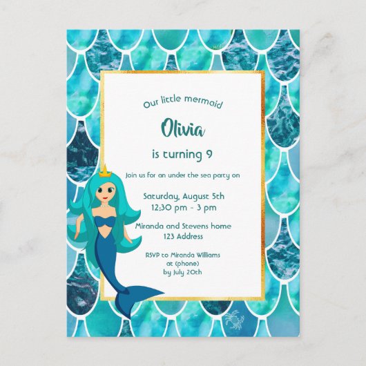 Mermaid 9th Birthday party nodigturquoise Briefkaart (Voorkant)