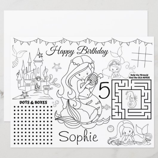 Mermaid Activity sheet, Mermaid Coloring page game (Voorkant / Achterkant)