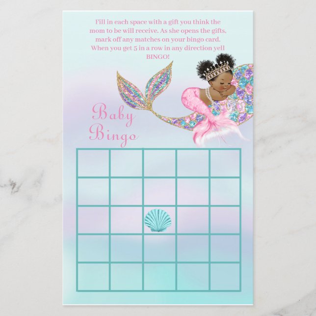 Mermaid African American baby shower games Bingo (Voorkant)