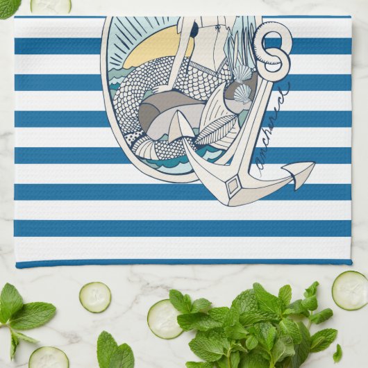 Mermaid and Anchor Blue and White Stripe Towel Theedoek (Gevouwen)