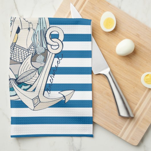 Mermaid and Anchor Blue and White Stripe Towel Theedoek (Quarter Fold)