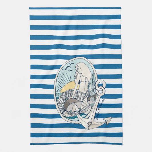 Mermaid and Anchor Blue and White Stripe Towel Theedoek (Verticaal)