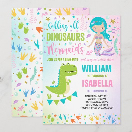 Mermaid and Dinosaur Birthday Invitation Magical Kaart (Voorkant / Achterkant)