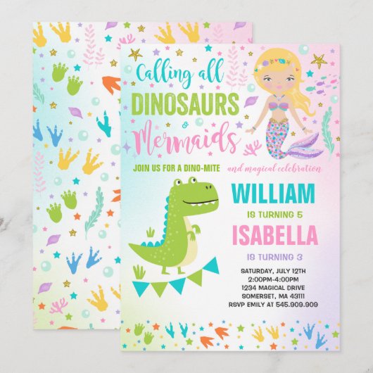 Mermaid and Dinosaur Birthday Invitation Magical Kaart (Voorkant / Achterkant)