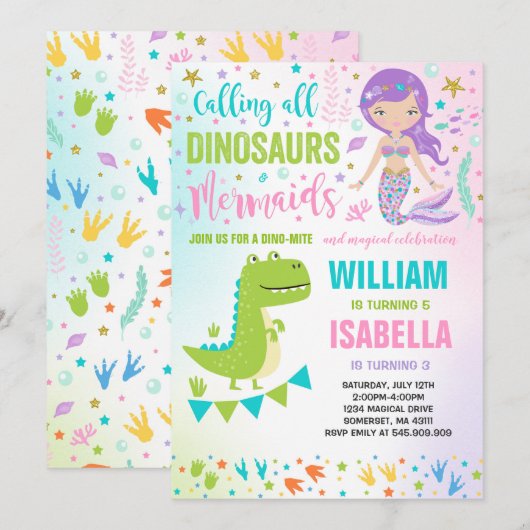 Mermaid and Dinosaur Birthday Invitation Magical Kaart (Voorkant / Achterkant)