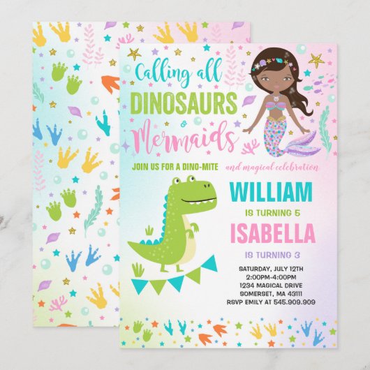 Mermaid and Dinosaur Birthday Invitation Magical Kaart (Voorkant / Achterkant)