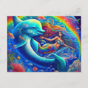 Mermaid and Dolphin Colorful 1990 Briefkaart